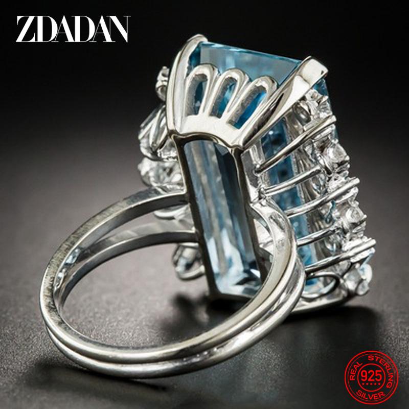 Anillo Cuadrado de Plata de Ley 925 con Charm de Aguamarina para Mujer Moda Joyería de Boda Regalo
