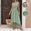 Women Cinched Waist Dress Wrap Waist Tie Crew Neck Sleeveless Tank Midi Dress Solid Color Asymmetrical A-Line Dress