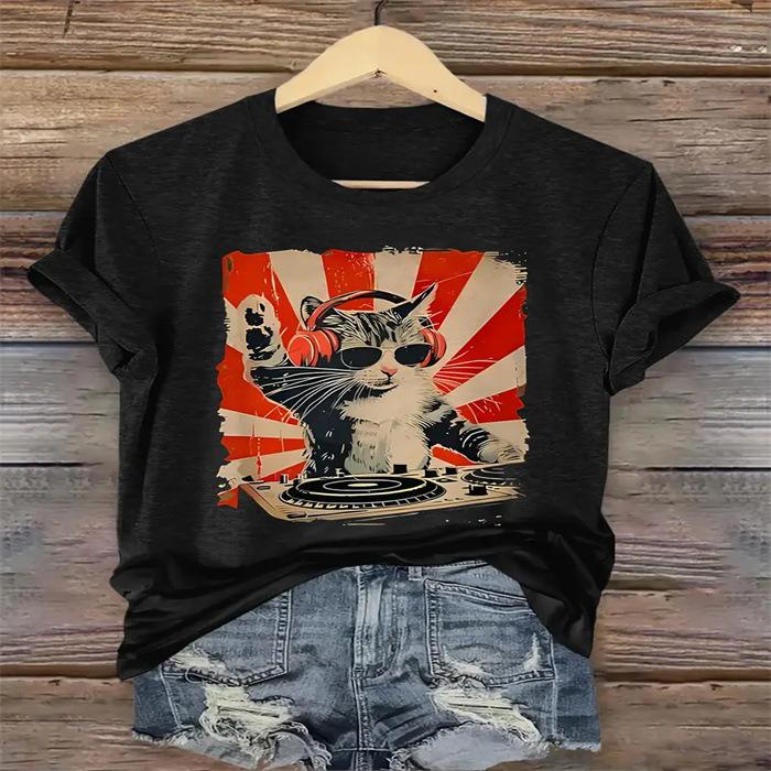 

Летний топ с круглым вырезом и принтом, модные повседневные милые женские футболки из чистого хлопка с короткими рукавами S