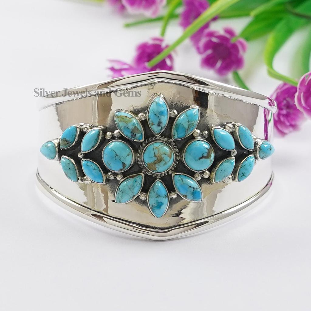 Natural Turquoise Cuff Bracelet, Statement Cuff Bangle, 925 Sterling Silver Handmade Cuff, Boho Statement Bracelet, Wedding Bracelet