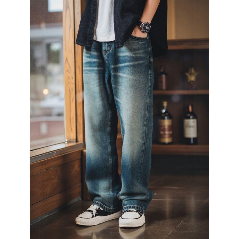 American Retro Heavy-Duty Washed Vintage Straight-Leg Jeans for Men, Spring and Autumn Wide-Leg Pants, Export Men's Casual Long Pants