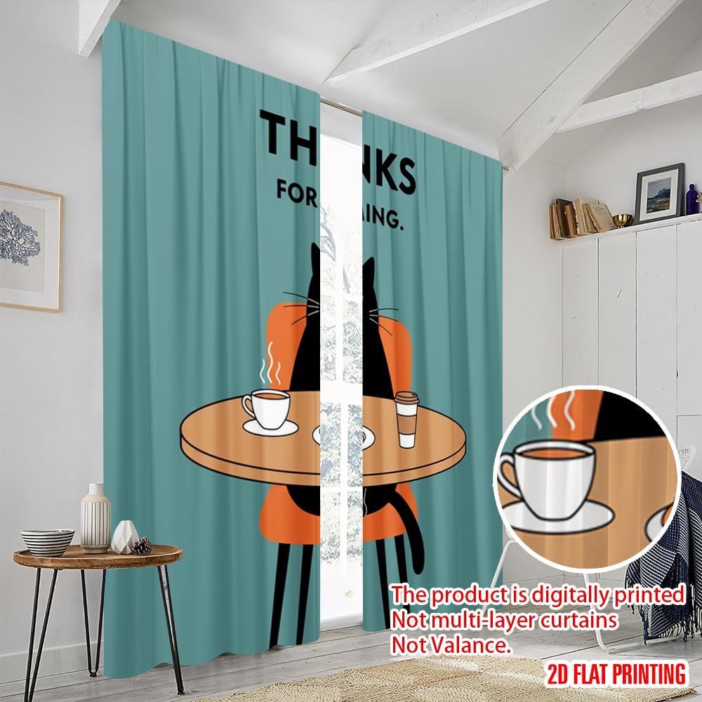 2pcs 2D flat printing Party Window Curtains Cat Coffee Croissant Break Polyester Without Electricity Party Decorations for Home
