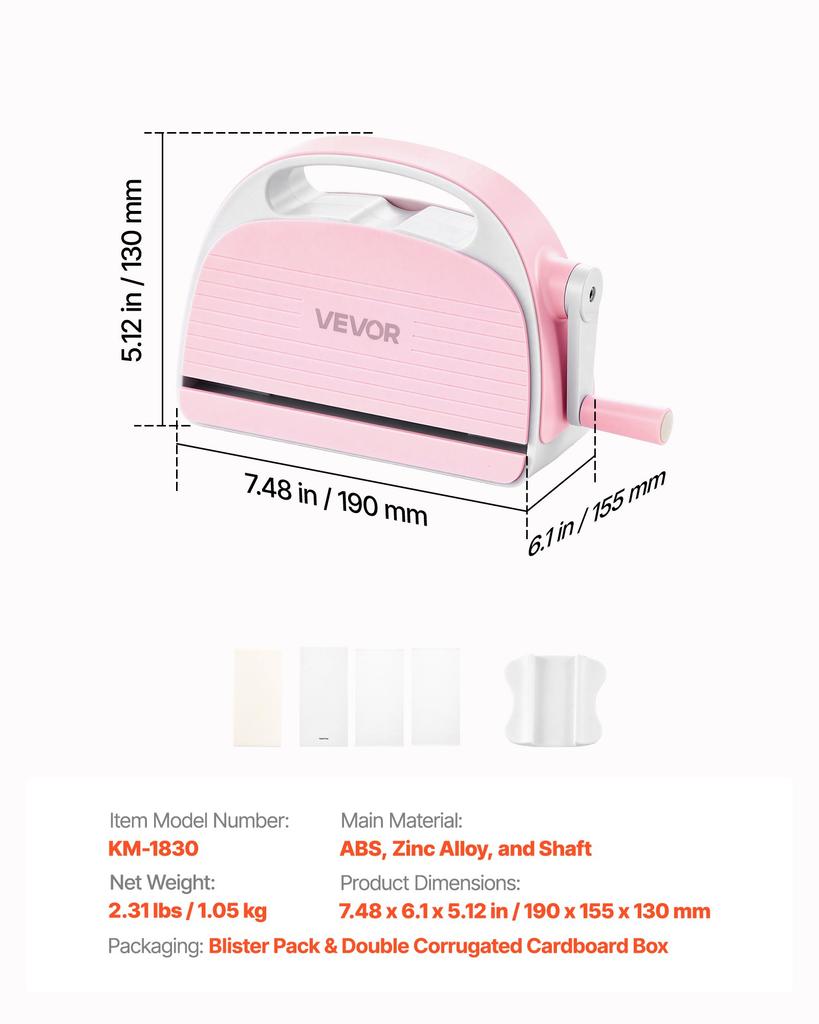 VEVOR Manual Die Cutting and Embossing Machine, 76mm Opening, Portable Die Cut Machine with Cutting Plates, Ergonomic Handle, Easy To Store