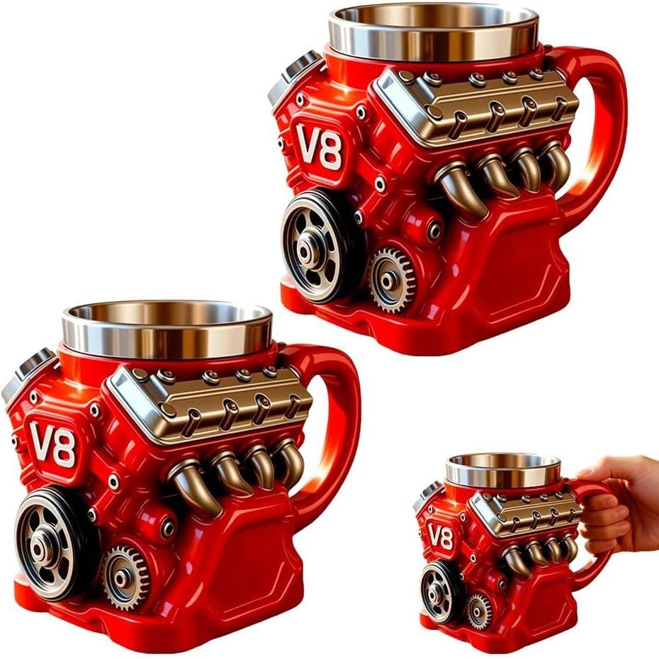 V8 Motor Retro Kaffeetasse Personalisiert Doppelwandige Isolierung Autotasse mit Henkel Perfekt für Vatertag, Weihnachten, Ehemann, Mechaniker, Auto