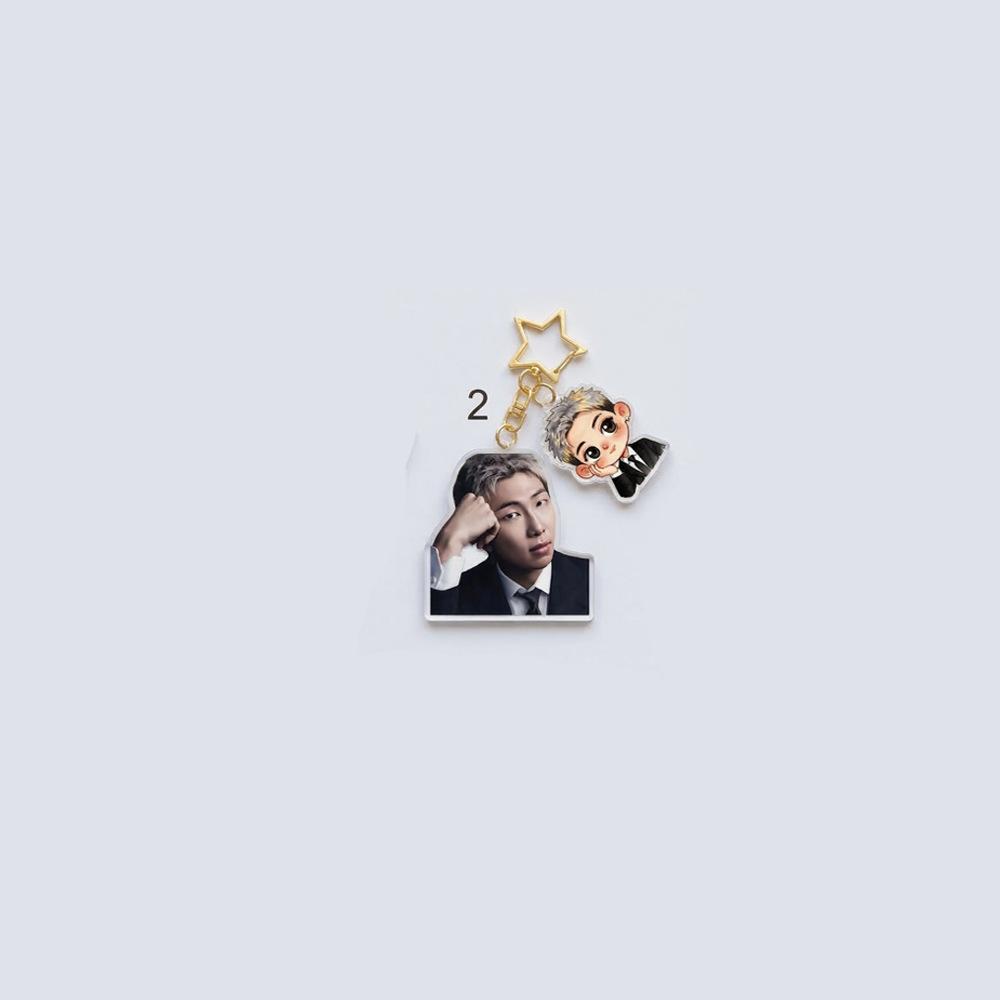 BTS Double-Charm Keychain, Bangtan Boys Photo & Cartoon Suit Figure Keyring with Star Hook, Kpop Idol Bag Pendant for ARMY Fans