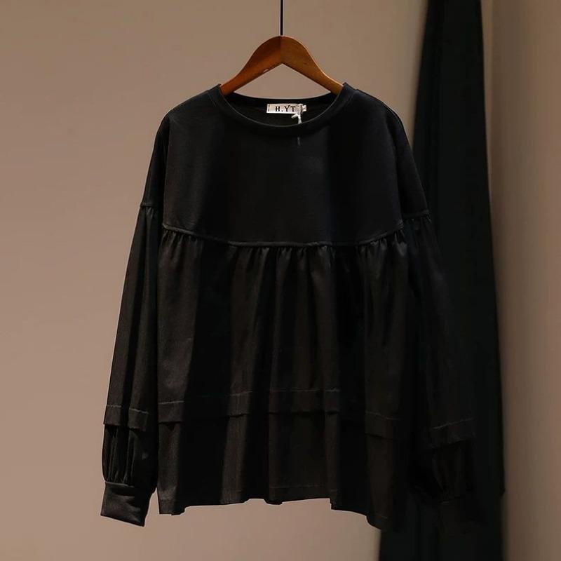 

Женский новый сшивной пуловер с круглым вырезом, модный однотонный, свободный и универсальный повседневный топ с длинными рукавами XL чёрный