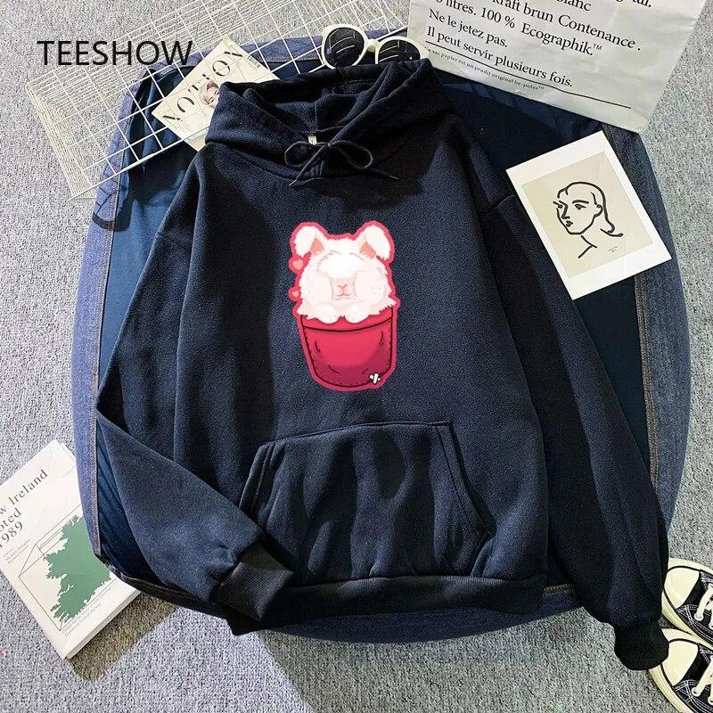 Angora Rabbit Pocket Hoodies WoUnisex Fashionable Hooded Sweatshirt Fleece Warm Pink Streetwear Hoody Autumn Unisex Clothes