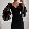 Women's V Neck Maxi Dress Sexy Mesh Long Lantern Sleeve Slit