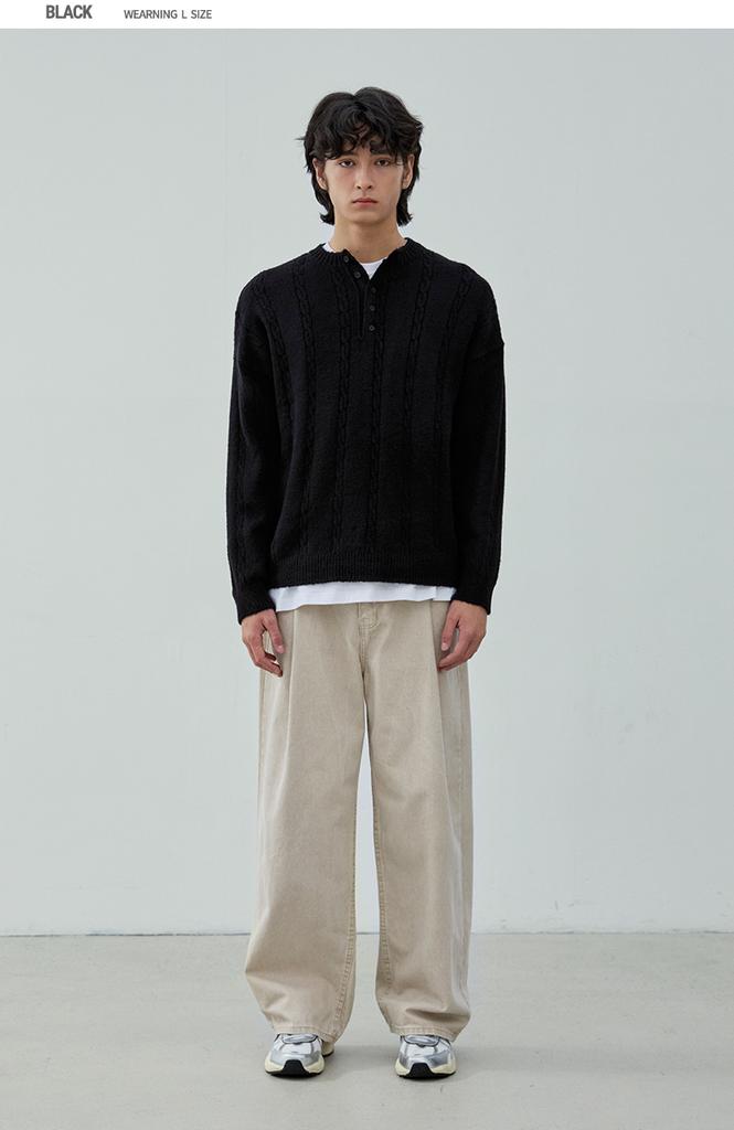 NODU Soft Henley Neck Round Long Sleeve Knit [Black]