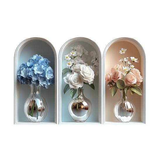 3 Pcs 3D Wall Vase Flower Wall Stickers Vintage Art Self-Adhesive Colorful