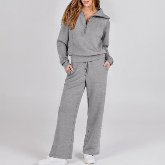 Damen Zweiteilige Outfits Herbst Casual Halber Reißverschluss Trainingsanzug Lounge Set Langarm Pullover Oberteil Und Weitbeinige Hose Trainingsanzug Sets