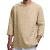 Men's Summer Long Sleeved V Neck Cotton and Linen Loose Plus Size Shirt