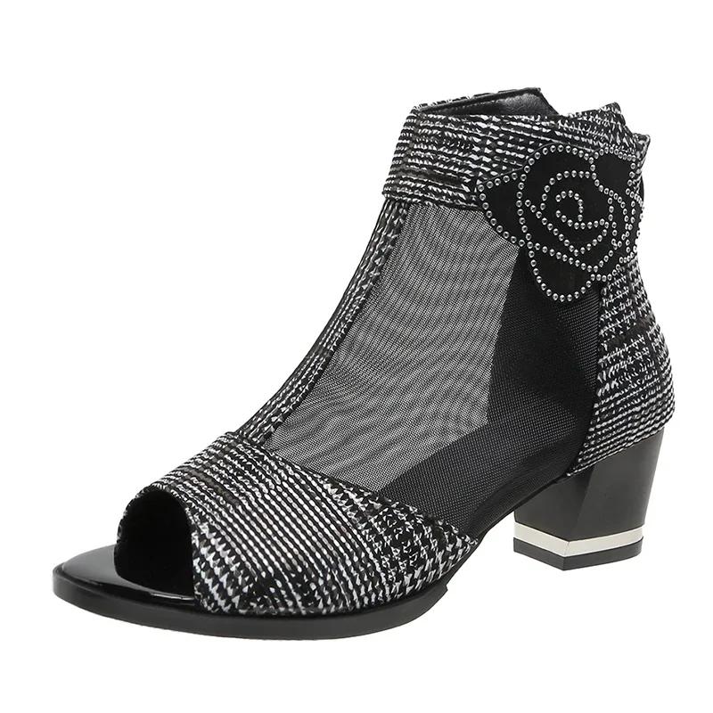 Women's High Heels 2024 New Open Toe Sexy Outdoor Matching Hollow Breathable Design Summer Fashion Mesh Zipper Women's Boots