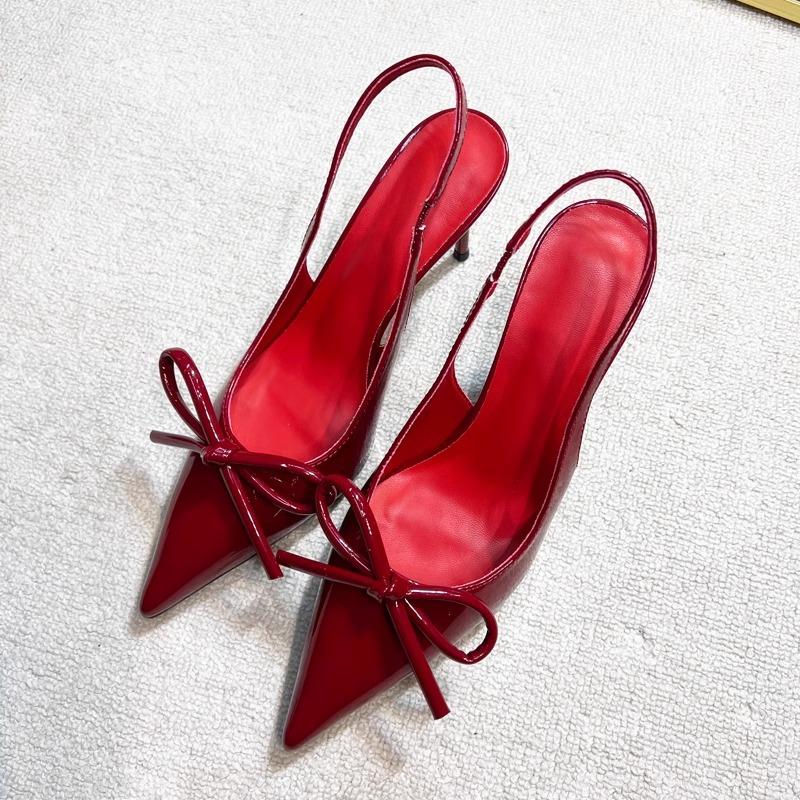 French Burgundy One-word High Heels, Bow 2025 New Models, Beautiful Outer Wear, Pointed Head, Thin Heel, Bag Head, Sandals Women