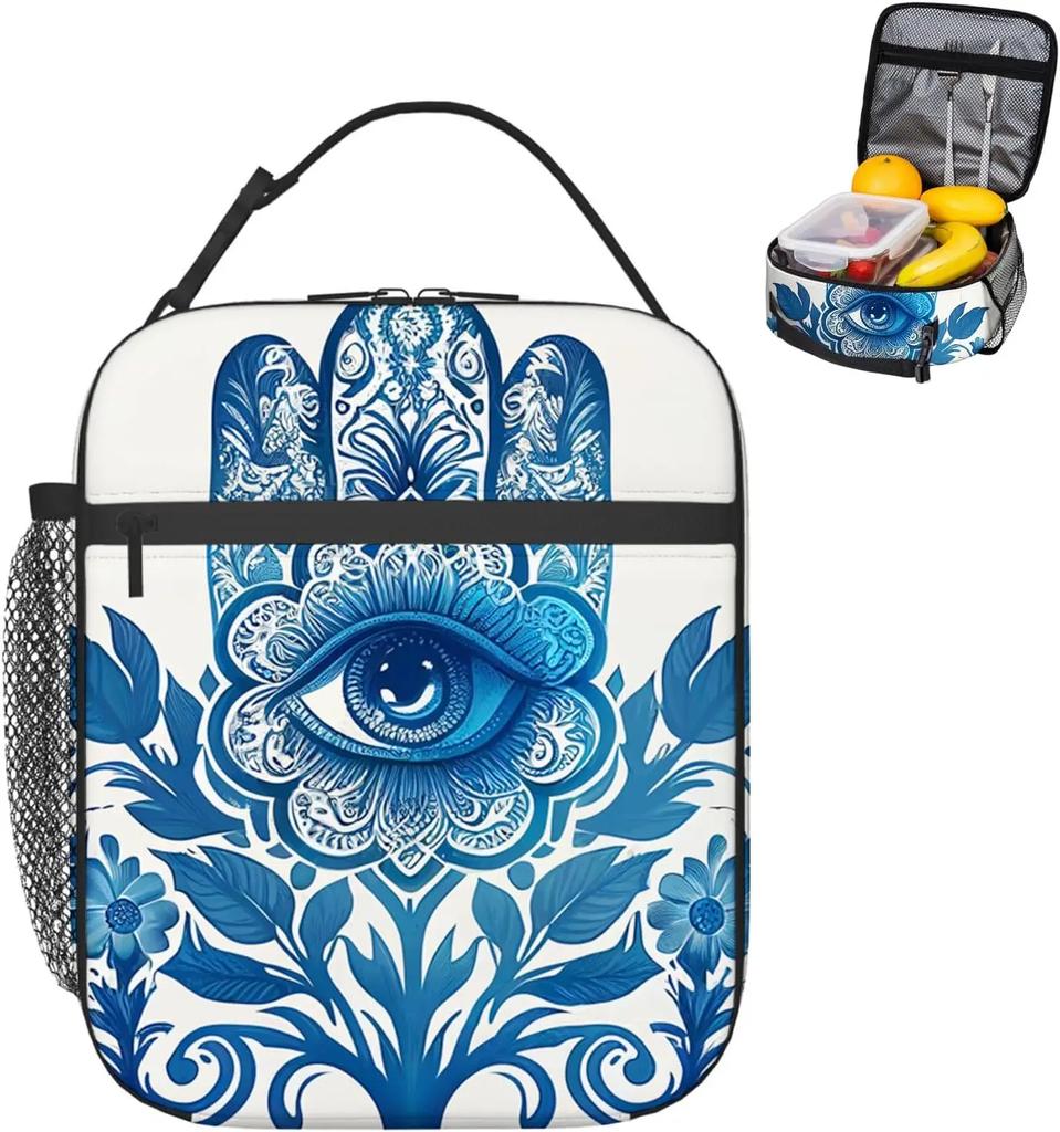 Insulated Lunch Bag for Women Men,Blue Hamsa Flower and Eye of Evil Print pattern Reusable Leakproof Lunch Box for Adult Office