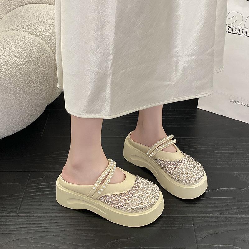 Thick-bottomed mesh breathable Mary Jane cool slippers women's 2025 summer pearl baotou half slippers