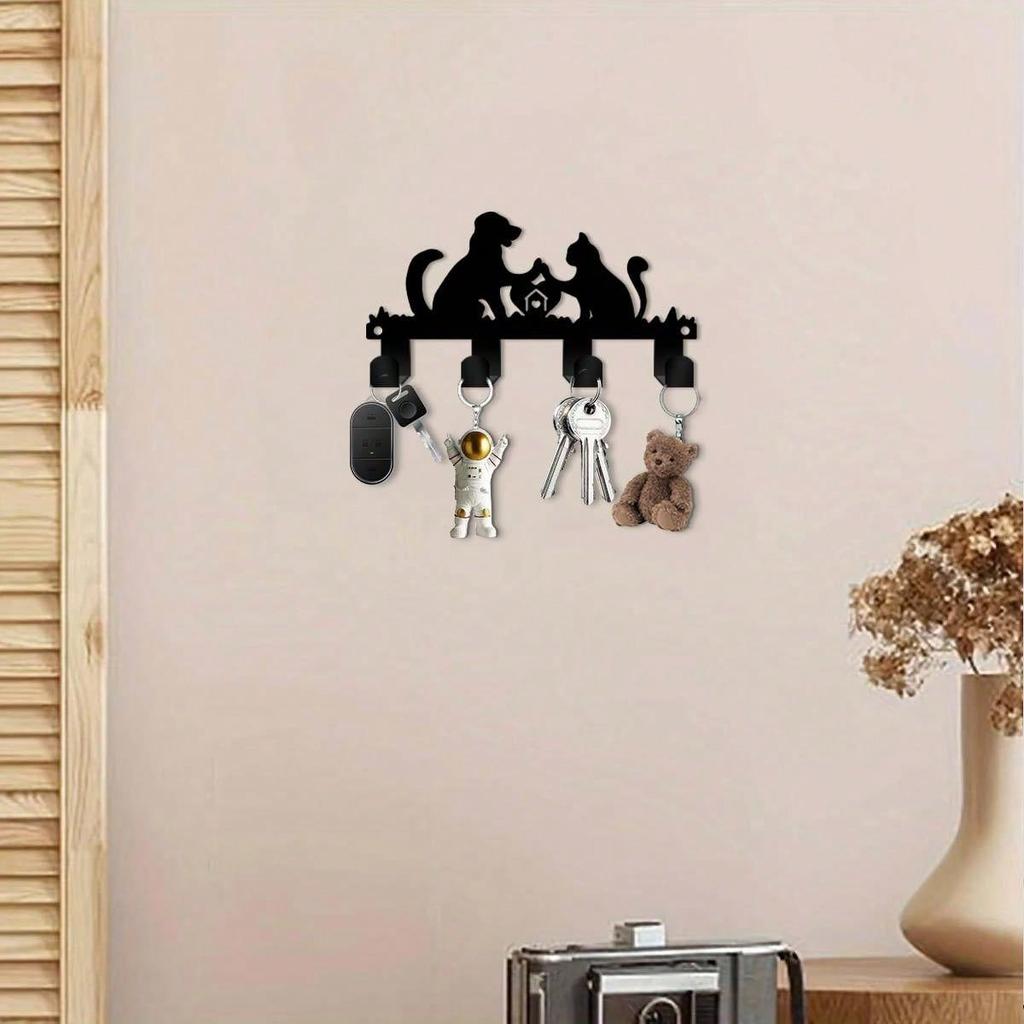 Pet Silhouette Key Holder Metal Wall Art Black Frame Boho Farmhouse Decor Gift for Pet Lovers