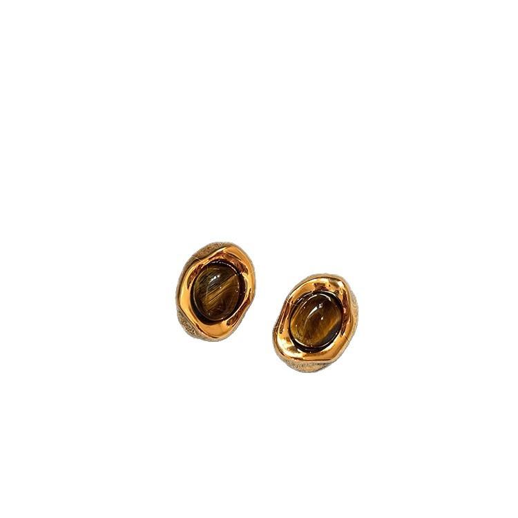 9Silver Needle Maillard Tiger Eye Stone Earrings, New Autumn/Winter Collection, High-End, Vintage Gold-Colored Stud Earrings