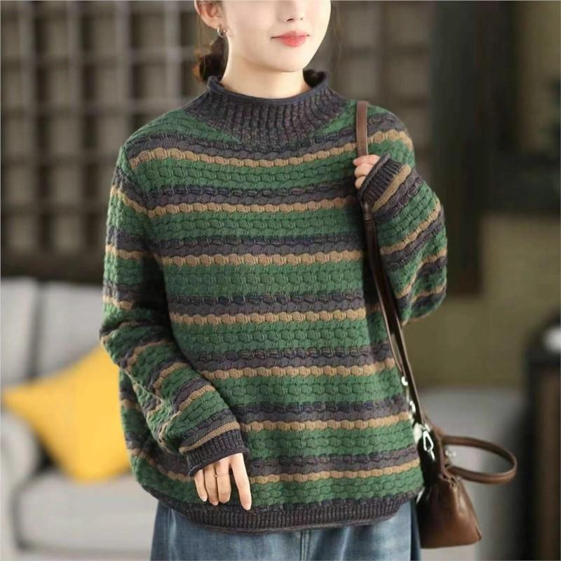 Johnature Women Vintage Pullover Sweaters Half Hight Collar Striped Knitted Spring Long Sleeve Sweaters