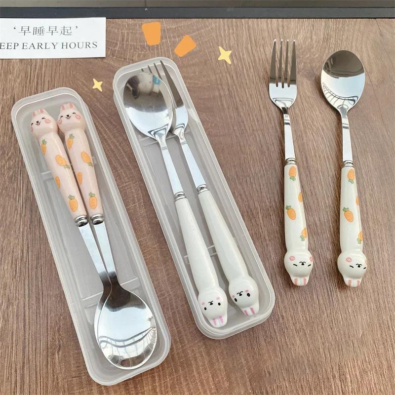 Cartoon Rabbit Cutlery Set Stainless Steel Spoon Fork Chopsticks Flatware Kawaii Bunny Tableware Utensils with Storage Box