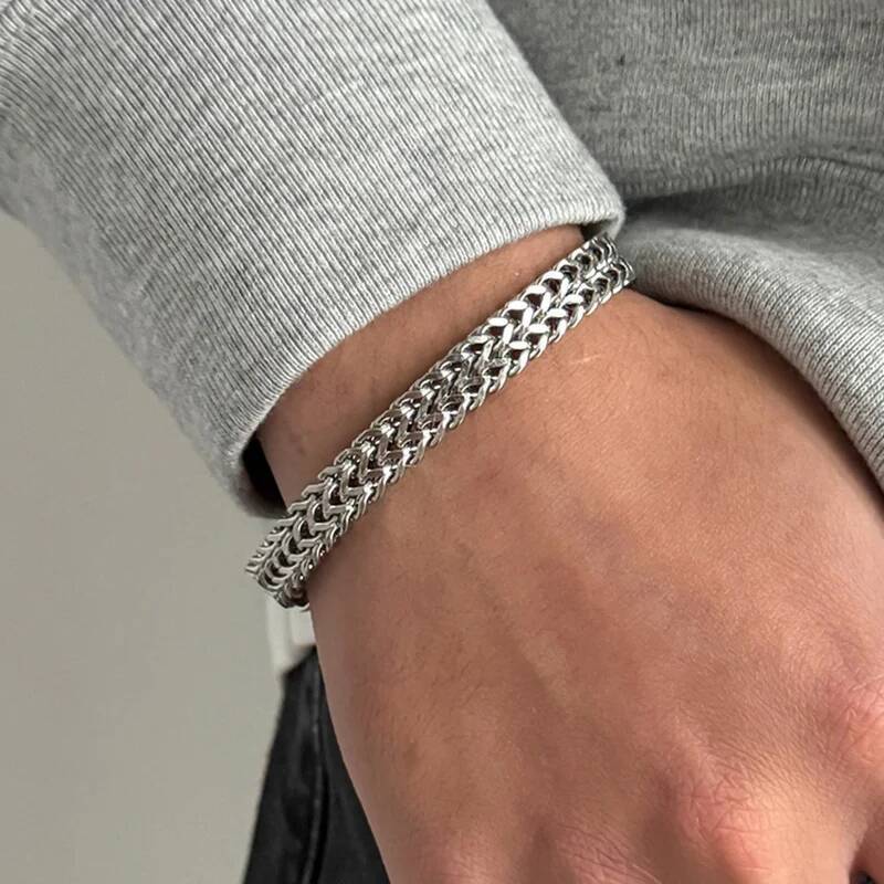 Salircon Hip Hop Punk Stainless Steel Braided Double Row Front Rear Fish Scale Titanium Steel Magnetic Buckle Bracelet Jewelry