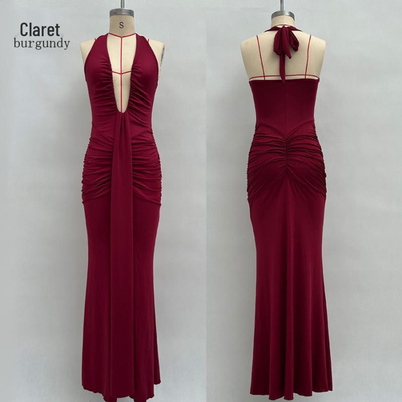 Elegant Halter Neck Deep V Waist-Cinching Long Fishtail Dress with Open Back and Flowing Ribbon