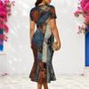 Women Plus Size V Neck Short Sleeve Printed Fitted Fishtail Dress