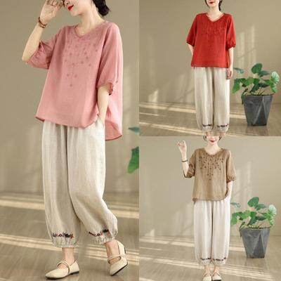 Korean Style Plus Size Retro Embroidered Shirt and Cotton Linen Pants Set for Women - Summer 2025