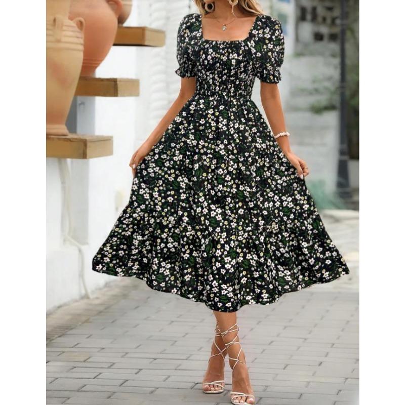 Women's Printed Square Neck Waisted Bubble Sleeve Layered Dresses