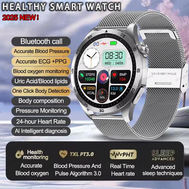 2025 New Micro Physical Examination Blood Lipids Uric Acid Blood Pressure Smart Watch ECG+PPG Clock Bluetooth Call Smartwatch Men