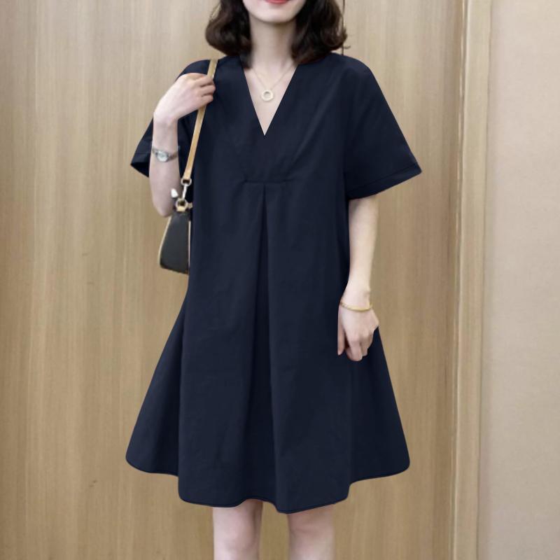 

ZANZEA Женское летнее платье с V-образным вырезом, однотонное, повседневное, с коротким рукавом 4XL тёмно-синий