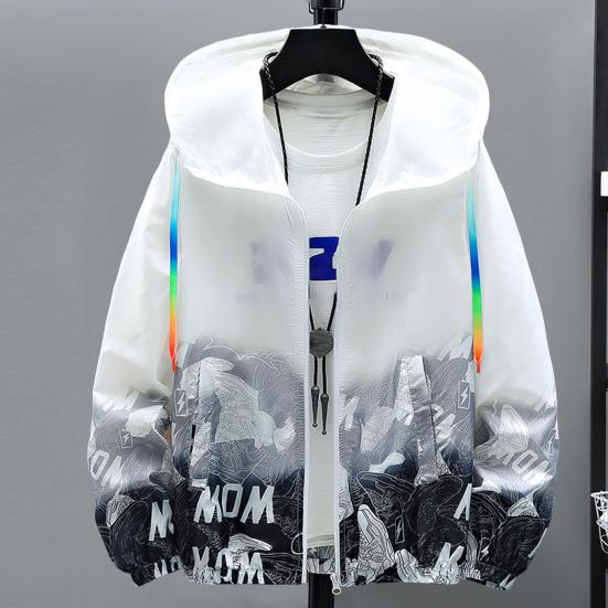 Gradient Print Hooded Drawstring Pockets Zipper Placket Windbreaker Jacket Men Summer Thin Sun Protection Coat