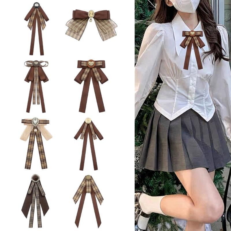 Fiocchi di Nastro Scozzesi Marroni Vintage Spilla Spilla da Cravatta per Donna Ragazza Uniforme Preppy Giapponese Papillon Precannodato Corsage Cravatta