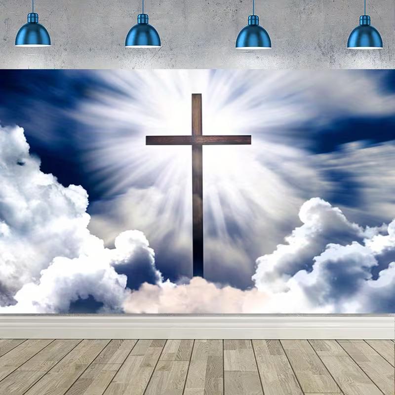 

2D Easter Resurrection Background, Wooden Cross with Radiant Light Backdrop for Religious Events 47.2x31.5inch/120*80cm