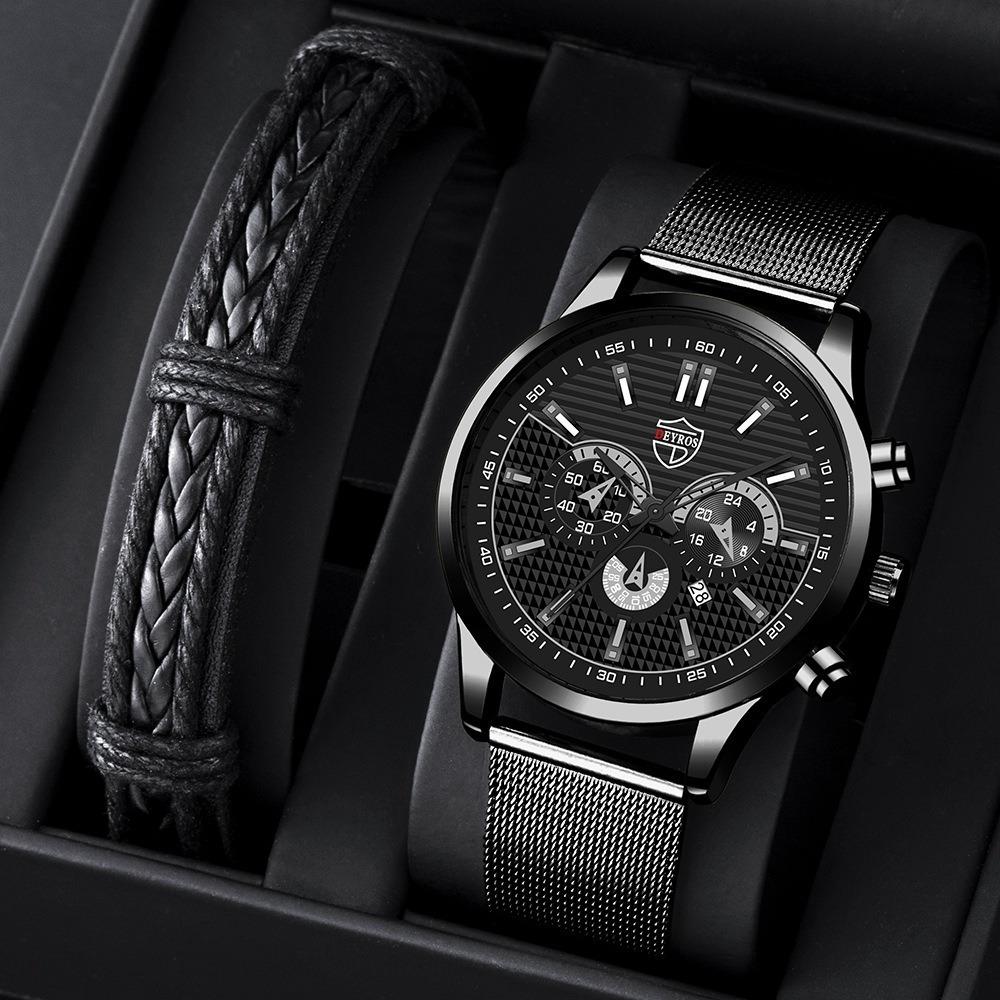DEYROS 4PCS Set Fashion Mens Sports Bracelet Watches for Men Stainless Steel Quartz Wristwatch Classic Male Casual Leather Watch