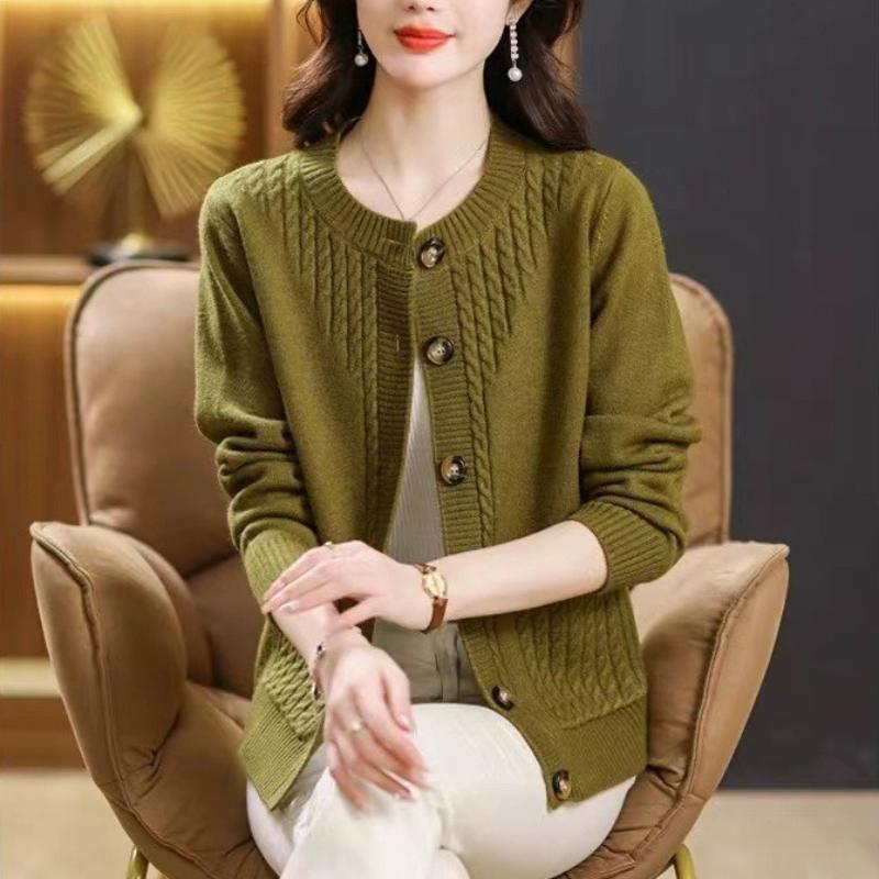 Kardigan s kulatým výstřihem a pleteným vzorem smažených koblih, dámský podzimní a zimní všestranný volný svetr s dlouhým rukávem