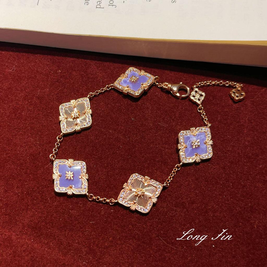 French Retro Raspuche Four-Leaf Clover Blue-Purple Suit, Bracelet Necklace, Earrings, Court Style, Light Luxury And Versatile.