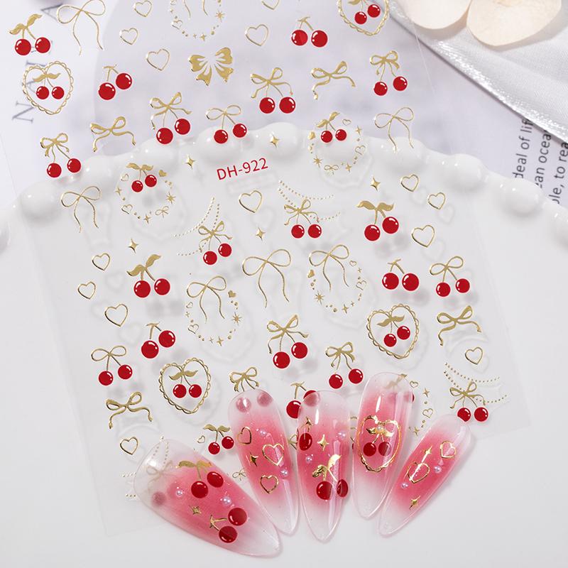 Fresh Sweet Fruits Strawberry Cherry Bowknot Love Heart Bow 5D Nail Art Stickers Self Adhesive Decorations Nail Manicure Decal