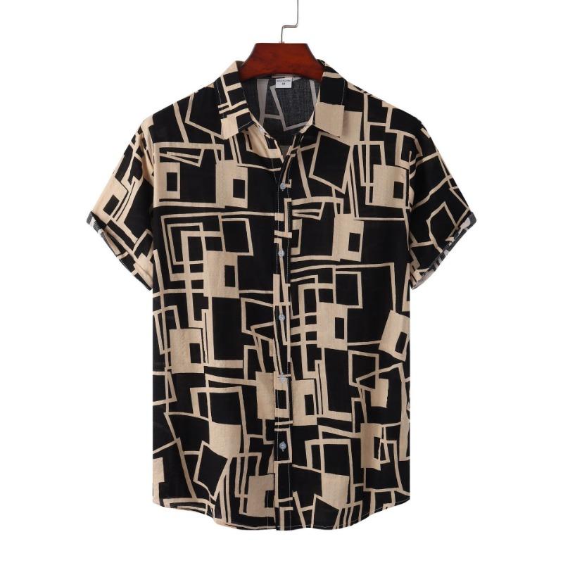 Men Short Sleeve Button Down Shirt Geometric Diamond Print Casual Summer Beach Shirt