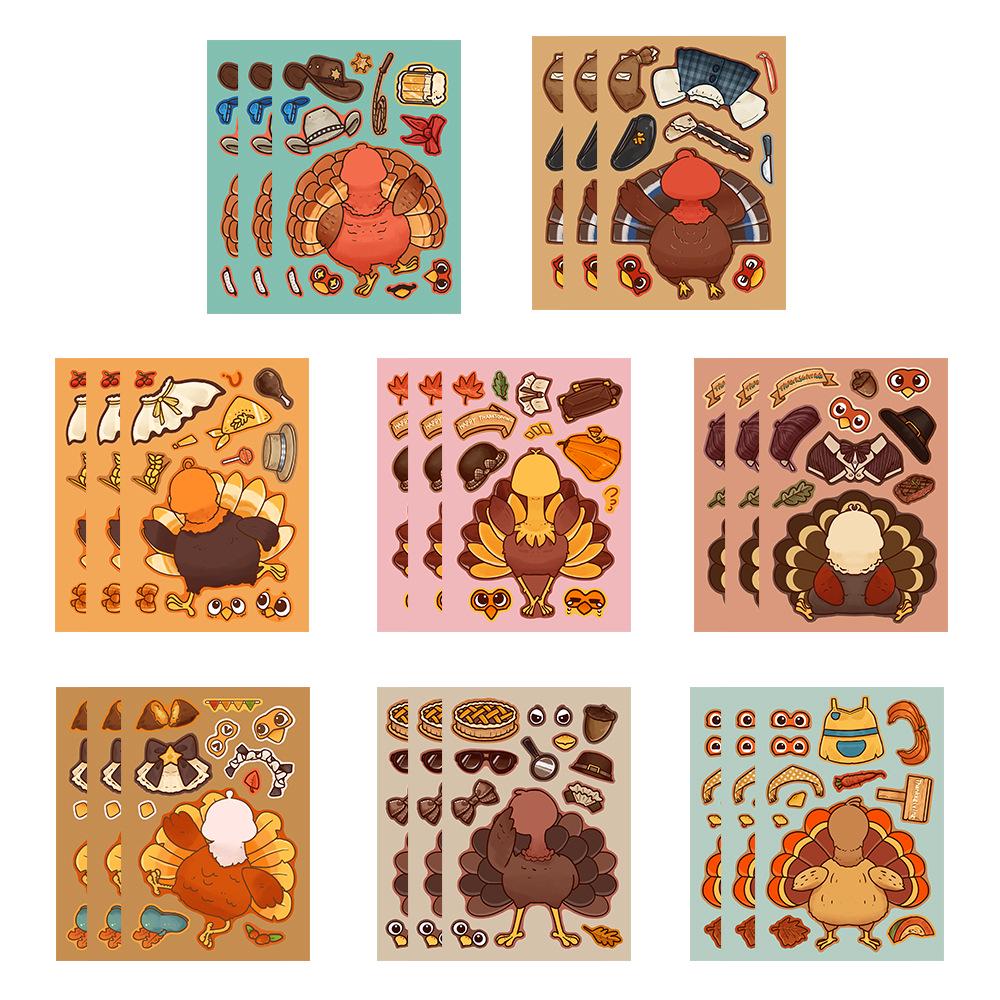 

Thanksgiving Turkey Cartoon Coloring Stickers: DIY Journal, Notebook, and Suitcase Decoration, Waterproof.
