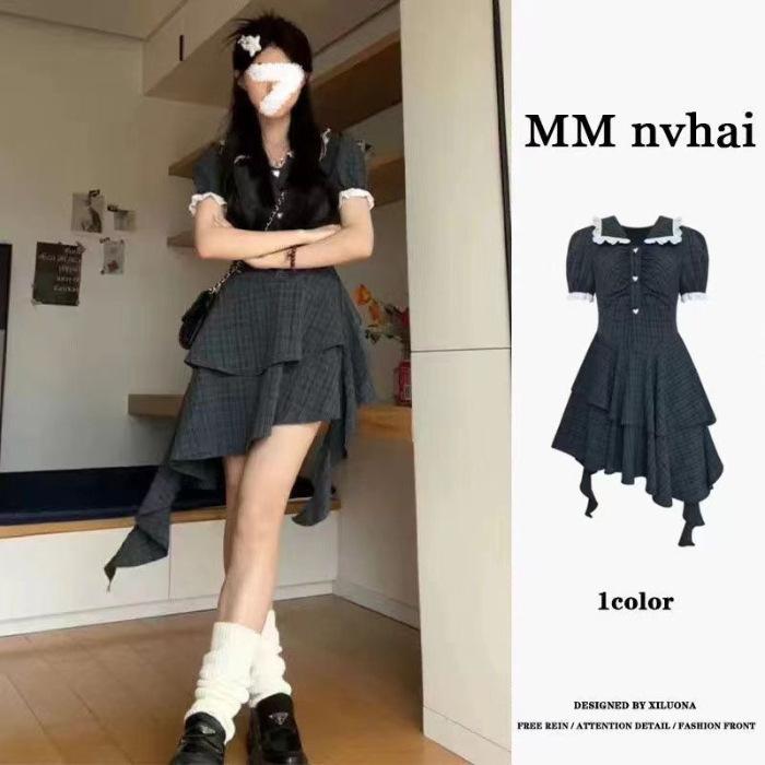 French retro college style lace edge doll collar plaid dress women s design sense niche irregular cake dress S