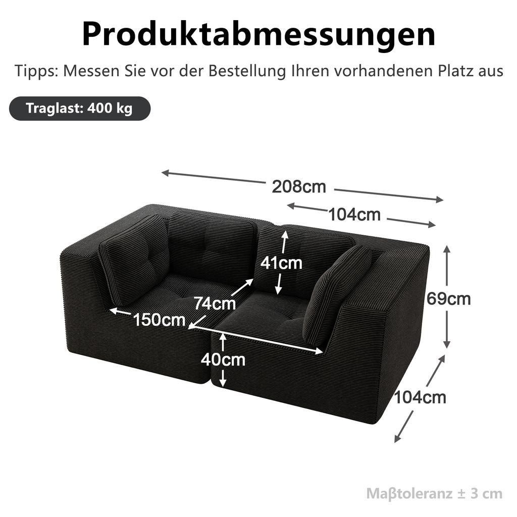 Modular and configurable corner sofa, two-seater frameless sofa, comfortable corduroy sofa, suitable for living room and bedroom, Black