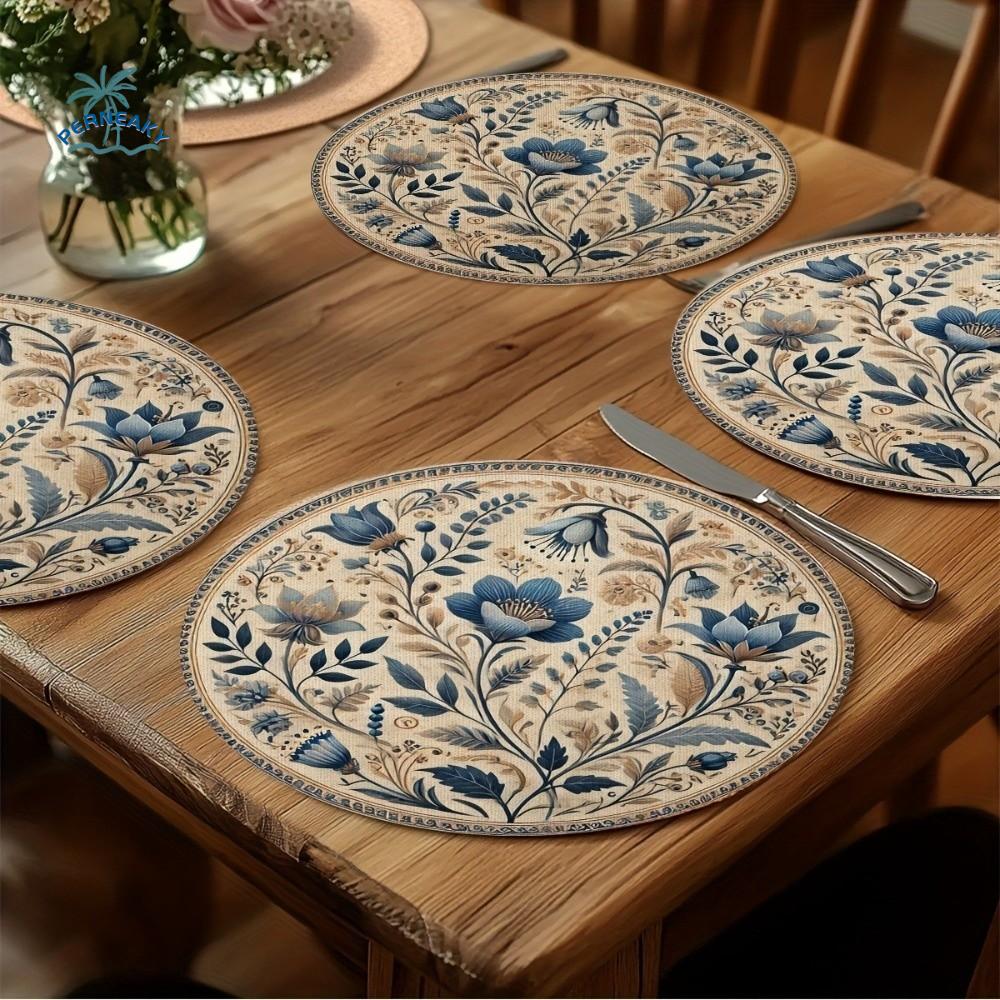 Embroidery Floral Table Placemat Heat Insulation Anti-scald Flower Linen Table Mat Anti-slip Coaster Round Dining Mat