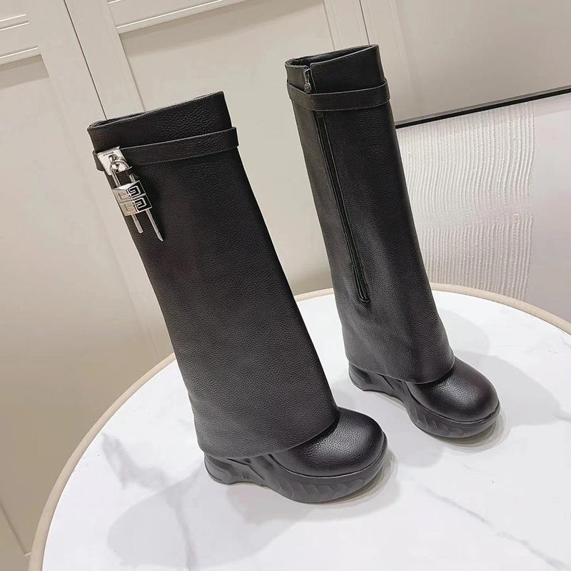 

New star shark boots of the same style, lock long boots, inner height increase slope heel, thick sole high tube cigarette tube boots for women 40