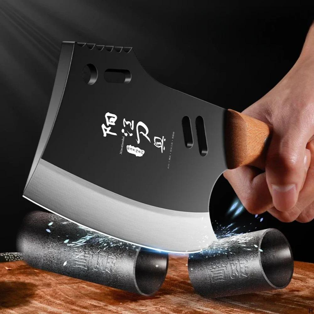 YUJIA A Heavy Bone-crushing Cleaver with A Curved Serrated Blade and A Wooden Handle