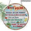 2D Flat, 1pc 7.87x7.87 Inch Round French Aluminum Sign, Vintage Decorative Plaque for "Pool Rules", "Summer Relaxation" Decorative Plaque, Suitable