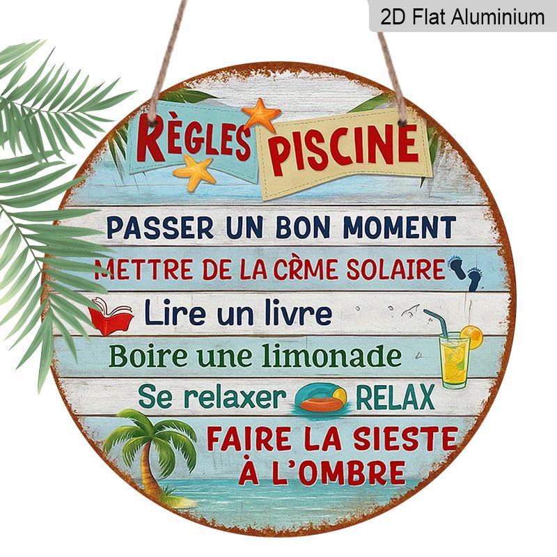 

2D Flat, 1pc 7.87x7.87 Inch Round French Aluminum Sign, Vintage Decorative Plaque for Pool Rules , Summer Relaxation Decorative Plaque, Suitable 1pc