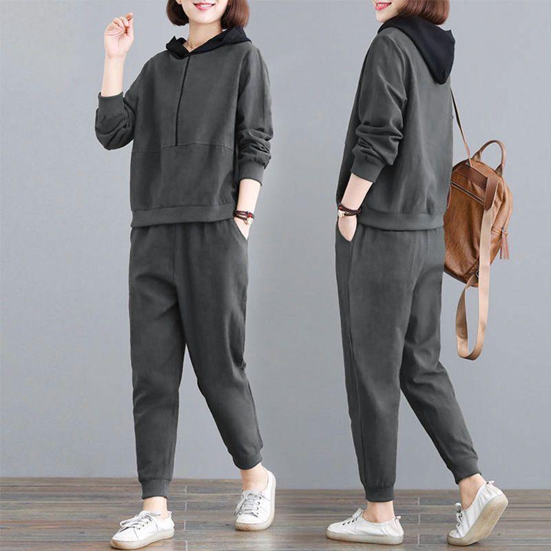 Women's Plus Size Hooded Two-Piece Set - Loose Fit, Long Sleeve, Spring/Autumn 2026 Korean Style