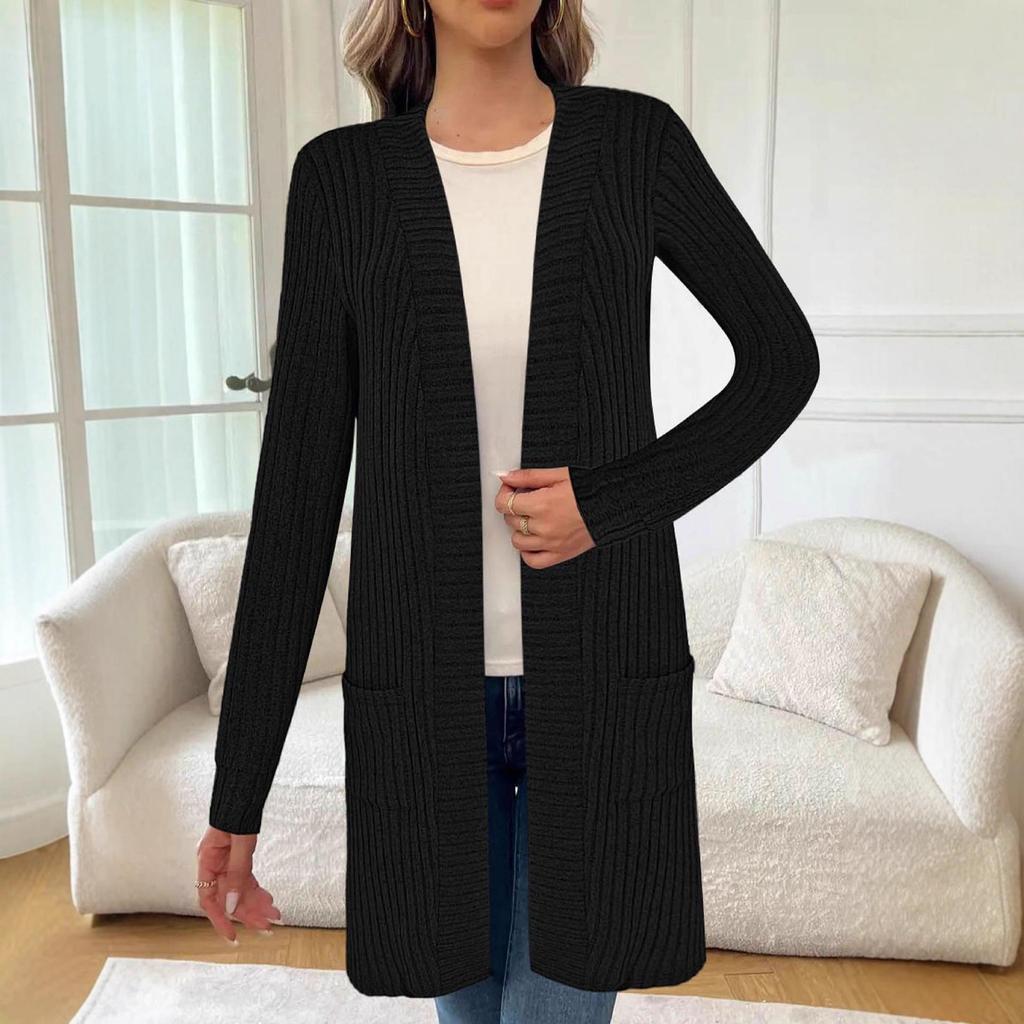 European & American Autumn/Winter Women's Long Sleeve Loose Pocket Cardigan Coat, Solid Color