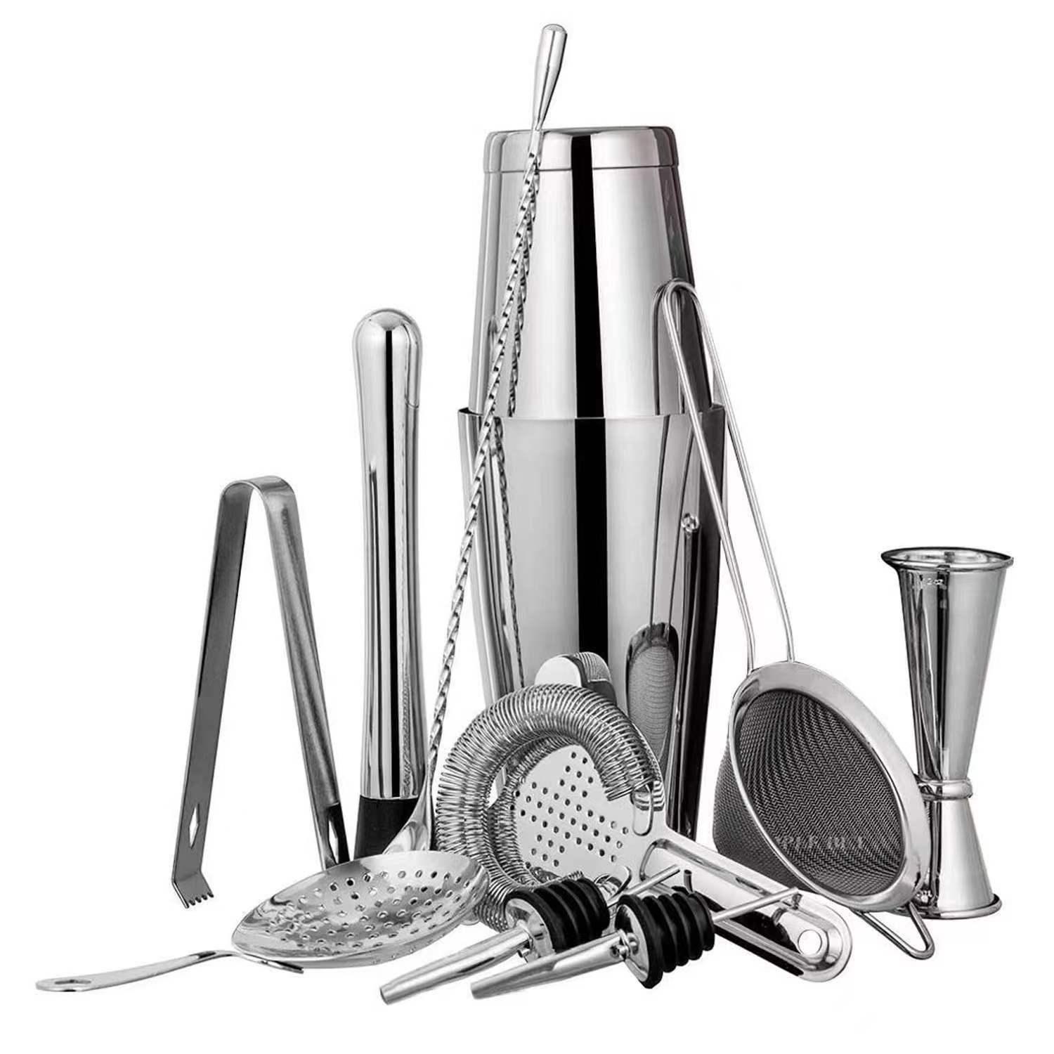 Rose Gold 11-Piece Stainless Steel Cocktail Shaker Set with Boston Shaker, Mixing Spoon, and Double-Ended Jigger 750ml+550ml Color Box серебряный
